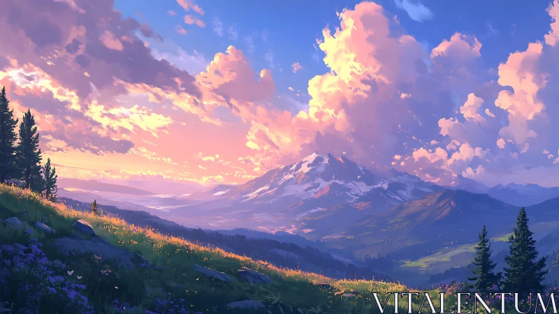 Sunlit summit dreaming under sherbet-cloud mountain skies.