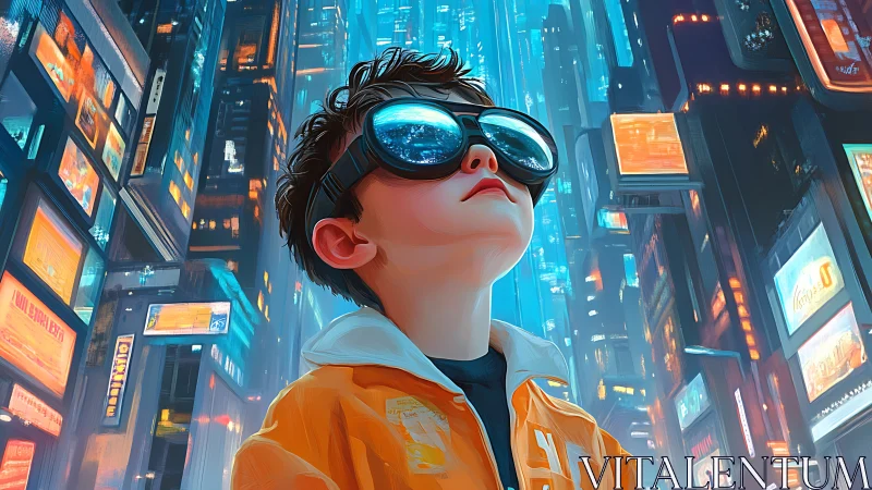 Cyberpunk teen with reflective visor in neon city canyon