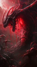 Infernal crimson dragon emerges in swirling viscous nebula