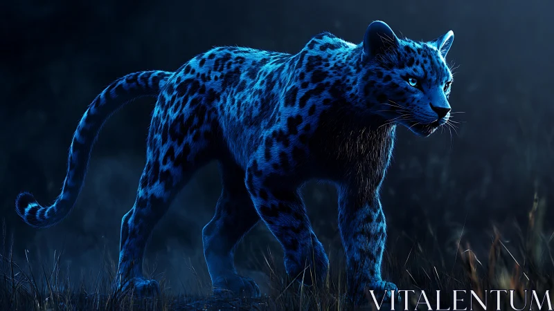 Neon blue leopard with glowing spots in dark forest setting