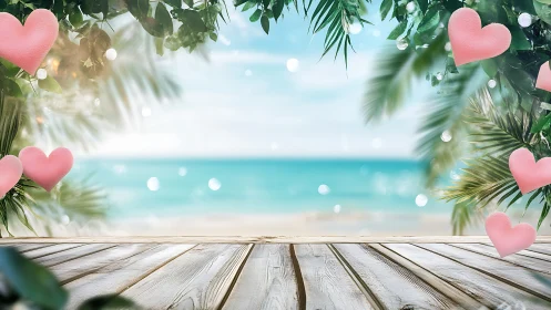 Tropical Beach Paradise With Pink Hearts and Palm Trees