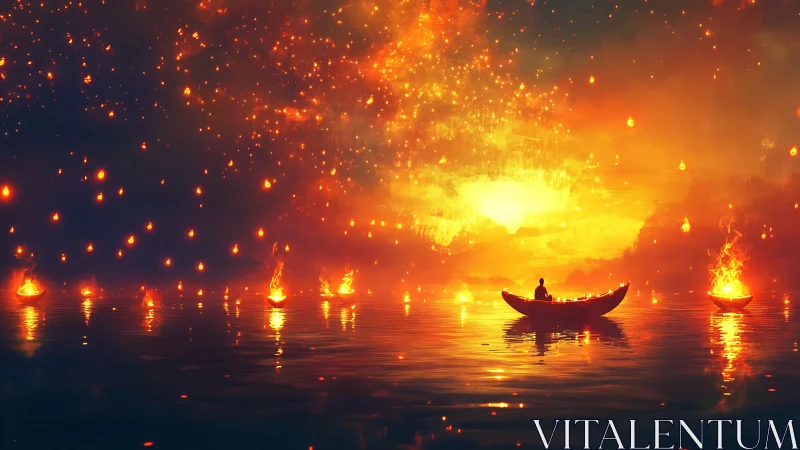 Solitary boatman rows through lake surrounded by floating flames