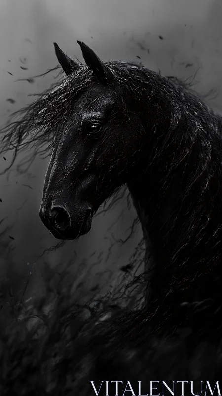 Midnight stallion in storm-swept monochrome portraiture.