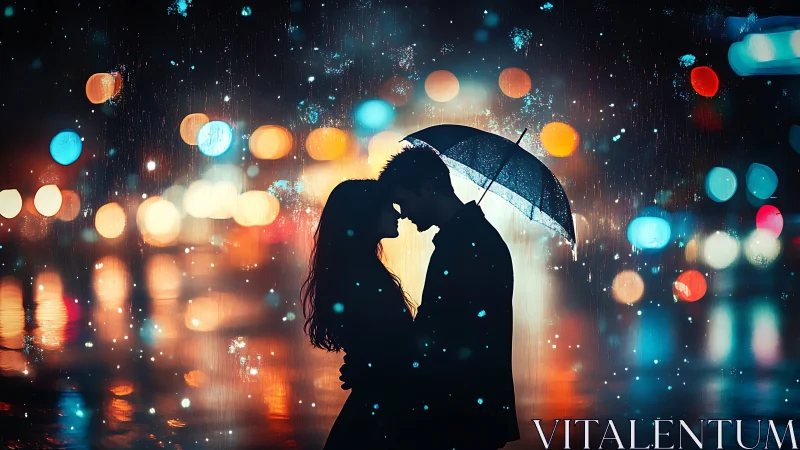 Silhouetted Couple Kissing Under Umbrella in Urban Rain with Bokeh Lights