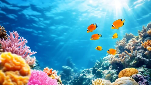Sunlit coral reef welcomes a playful school of bright fish