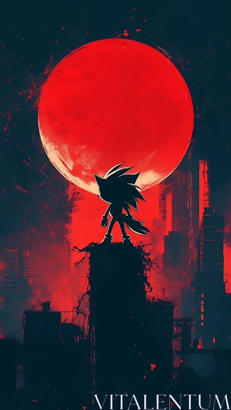Silhouette hedgehog crowns a crimson moon over ruined city