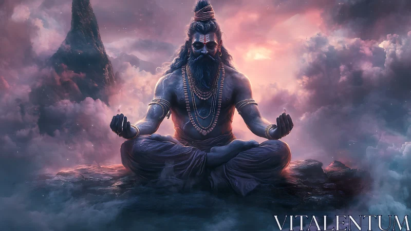 Mystic ascetic meditates above storm-kissed celestial clouds.