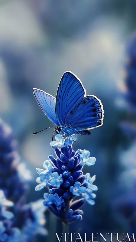 Blue butterfly rests on lavender flower in soft focused light