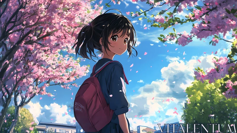 Schoolgirl walks under radiant spring cherry blossoms.
