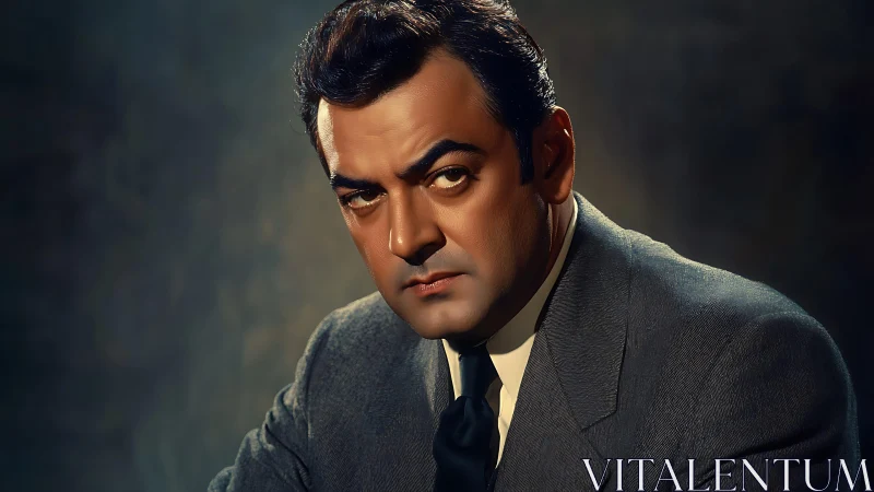 Serious dark haired man in gray suit studio portrait.