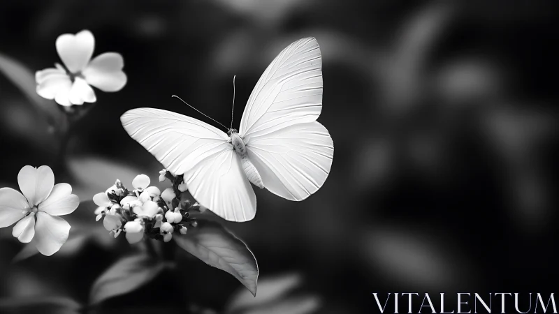 High-contrast monochrome macro of white butterfly in flight