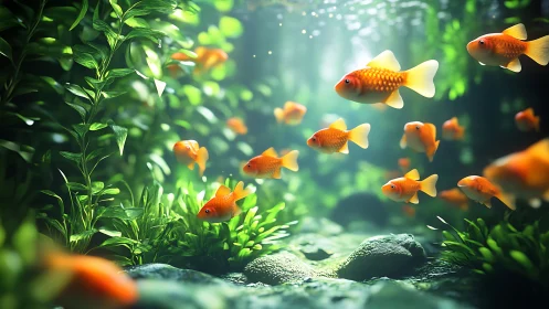 School of goldfish in dense underwater plants and light.