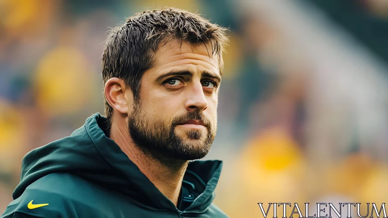 Male athlete in green sports hoodie on blurred stadium field.