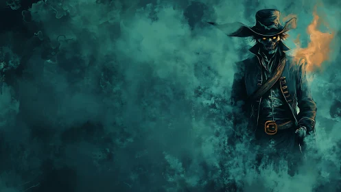 Grim gunslinger specter emerging through cyan mist.