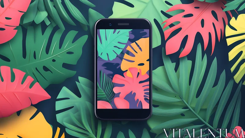 Smartphone display shows stylized tropical leaves alignment