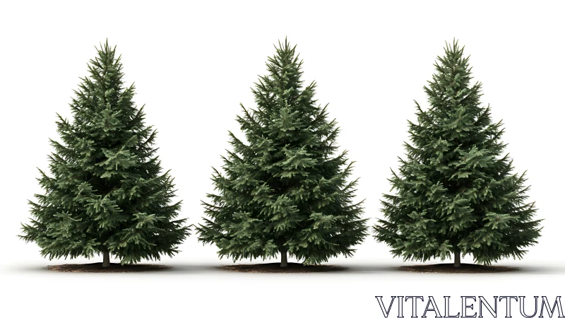 Evergreen fir trees aligned on clean white studio background.