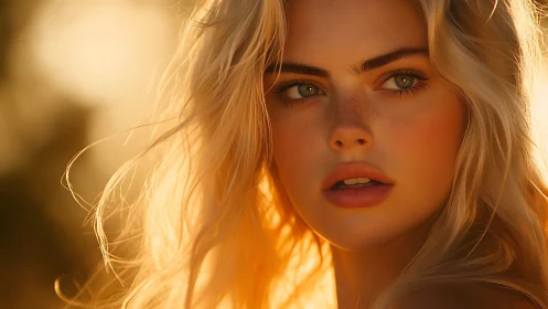 Golden hour portrait of freckled blonde woman in light.