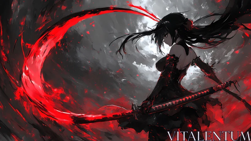 Crimson katana carves a storm halo around the lone warrior