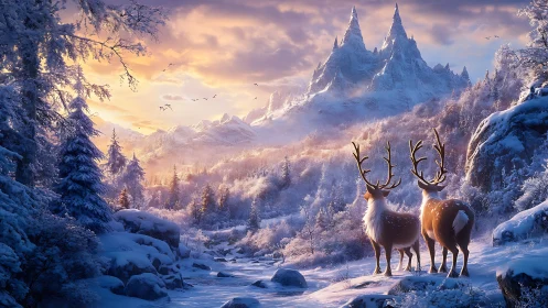 Two reindeer stand in a snowy valley facing distant peaks