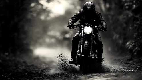 Motorcyclist speeds through wet forest trail in moody light.