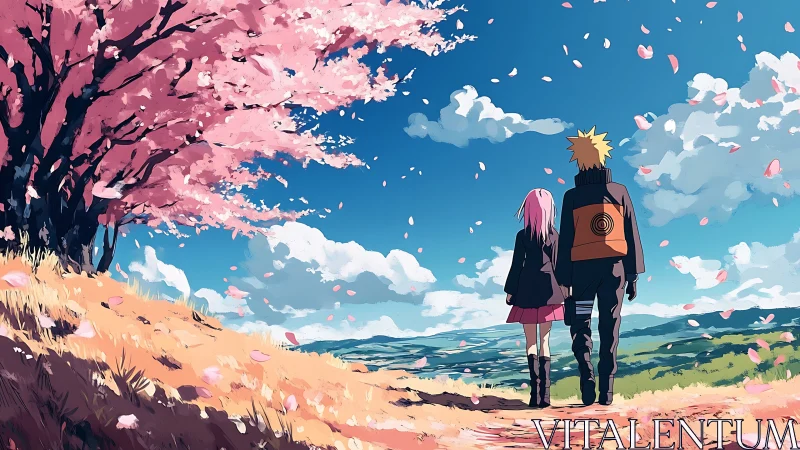 Anime couple under windblown cherry tree on panoramic hillside