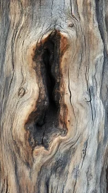 Weathered tree hollow framed by swirling silver grain.