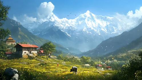 Mountain village meadow lies below towering snowy peaks