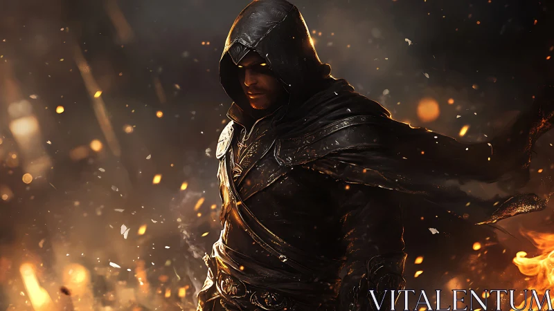 Hooded rogue in dark armor walking through flying embers.