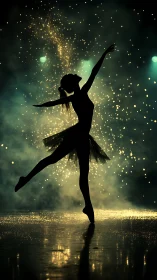 Silhouetted ballet dancer framed by golden stage sparks.