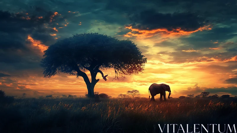 Solitary elephant walks beneath blazing African sunset sky