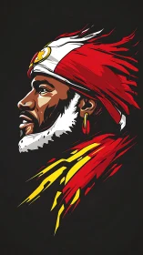 Bold vector profile of warrior in red feathered headdress.