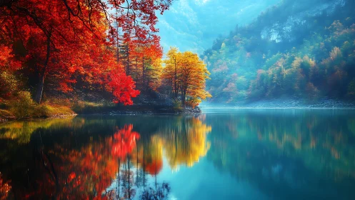 Vibrant autumn lake landscape with mirrored forest reflections.