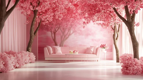 Pink lounge with indoor cherry blossom trees and sofa.