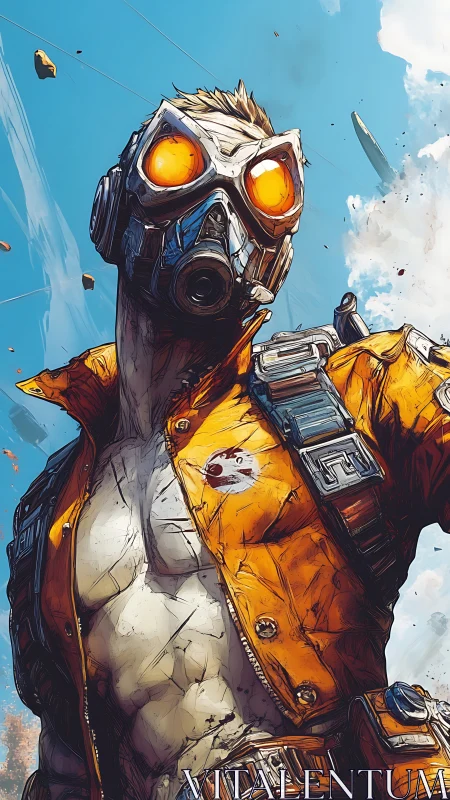 Post-apocalyptic gasmask ranger under ballistic sky surge.