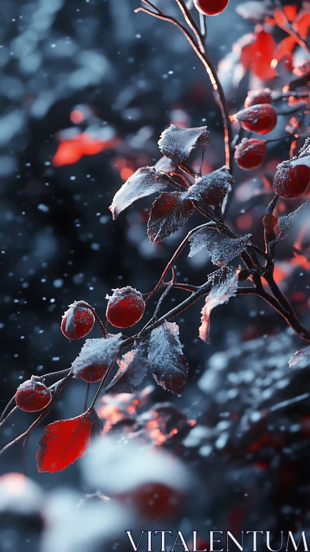 Winter berries glow softly under a gentle falling snow