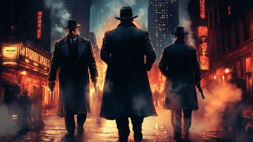 Three armed gangsters walk through neon city street at night