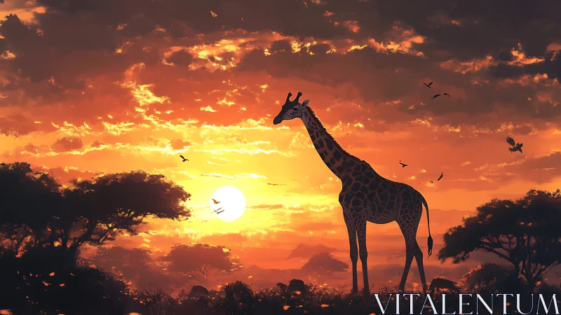 Giraffe silhouette aligns against volumetric African savanna sunset