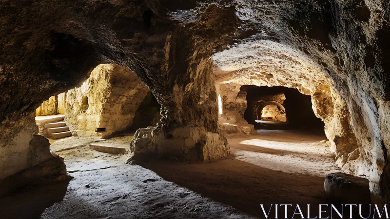 Subterranean sandstone tunnels with eroded arches and diffuse light