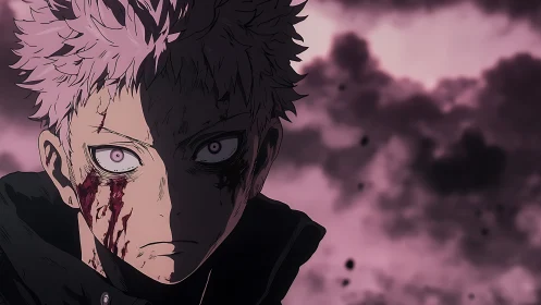 Intense anime portrait of bloodied boy in dark clouds.