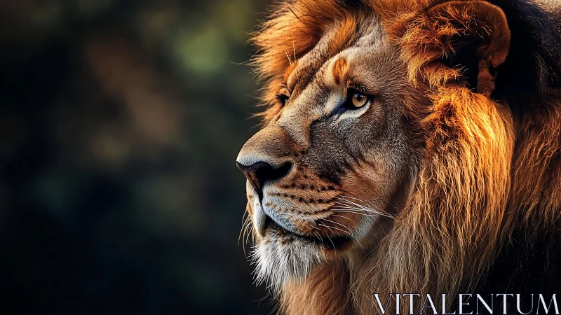 Majestic lion studies the horizon in warm sunset light.
