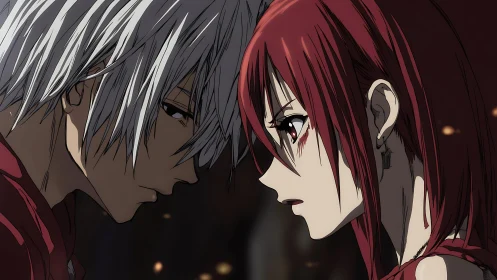 Anime close-up confrontation in dramatic side-profile composition.
