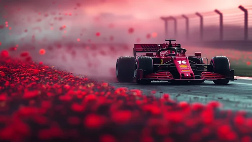 Aerodynamic F1 chassis slicing through stylized red flora field.