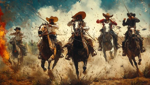 Galloping cowboys charge through dust and fire in battle