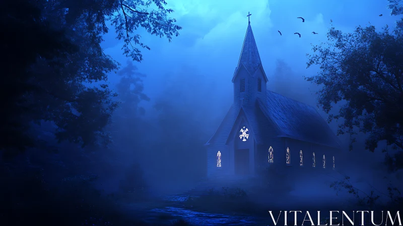 Moonlit woodland chapel glowing through blue night mist.
