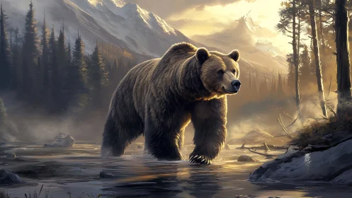 Grizzly bear moving through shallow river in alpine valley.