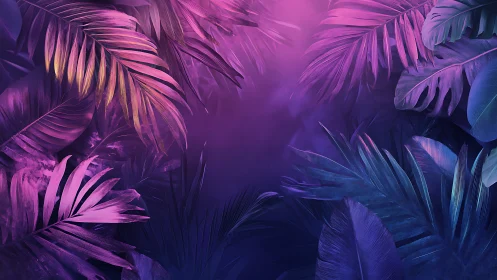 Neon rim-lit tropical foliage forming symmetrical gradient canopy