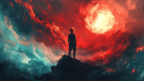 Lone silhouette confronting swirling celestial vortex.