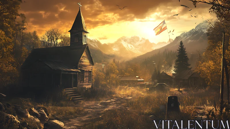 Sunlit mountain village with rustic chapel and autumn glow.