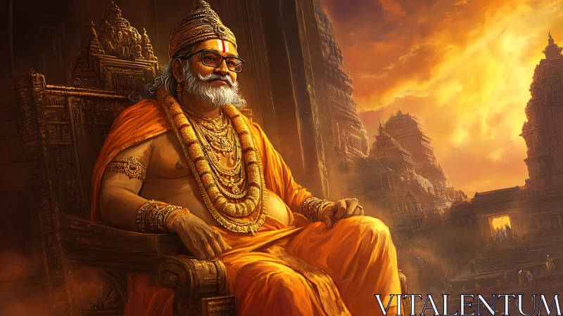 Elderly sage king sits in golden light above ancient temples