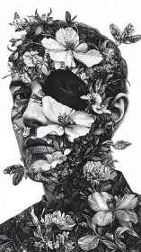 Floral portrait with hollow eye and dense botanical overlay.